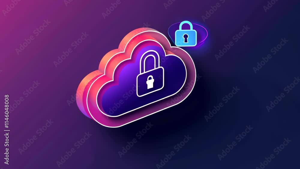 Poster a colorful digital representation of a cloud with a padlock, illustrating the concept of cloud secur