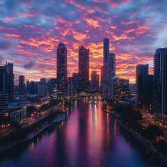 Fototapeta premium Striking Cityscape at Dusk with Glowing Clouds