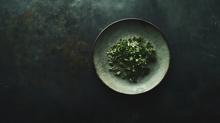 Chopped herbs rest gently on plate wide shot food photo dark background. AI Generated