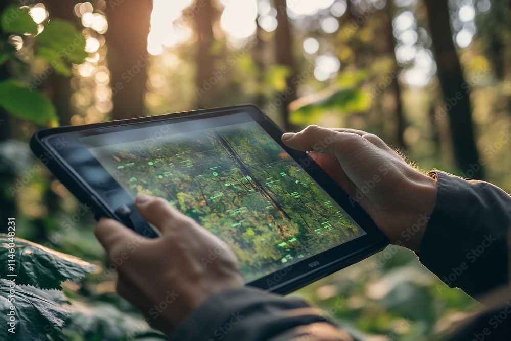 Poster hands programming a climate monitoring tablet in a lush forest environment