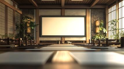 Fototapeta premium Zen Japanese Restaurant Interior Mockup Blank Sign