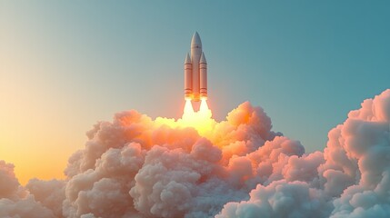 Rocket Launching into the Sky at Sunrise with Colorful Clouds and Bright Flames Creating a Stunning Visual Display of Human Ingenuity and Technological Advancement