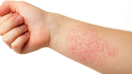 A close-up of a forearm showing skin irritation with red, flaky patches.