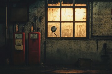 A classic red gas pump sits next to a window, offering fuel for vehicles
