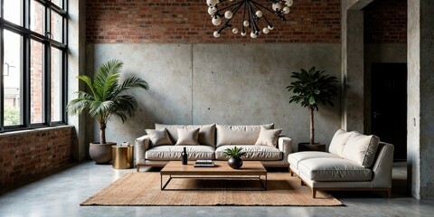 Modern Industrial Living Room Design with Neutral Sofa and Stylish Coffee Table