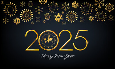 Happy New Year 2025. Golden metal number on dark background. Festive realistic decoration. Web Poster, banner, cover card, brochure, flyer, layout. Vector 3d illustration