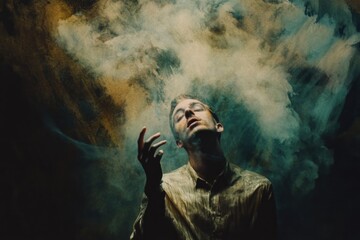 A person standing outdoors with a large cloud of smoke nearby, possibly indicating an industrial or recreational activity