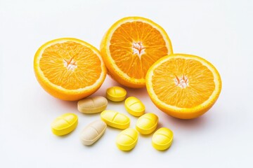 Fototapeta premium Fresh oranges and vitamin pills arranged on a white surface