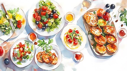 Vibrant Watercolor Painting: Delicious Mediterranean Feast. AI Generated