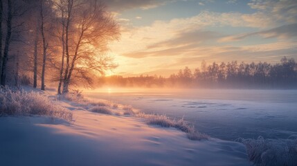 A Snowy Landscape with a Frozen Lake