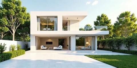Fototapeta premium Modern Two-Story House with Open Floor Plan and Expansive Outdoor Patio