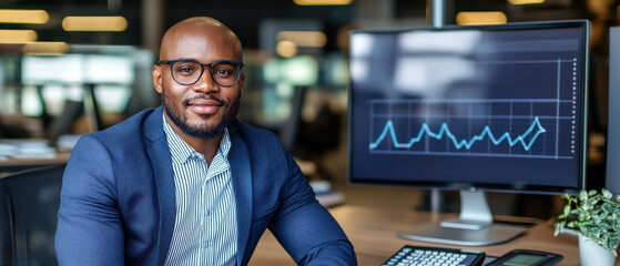 Fototapeta premium Modern office with professional man, large monitor displaying data trends