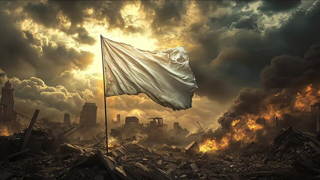 The white flag is a sign of surrender. The army surrenders with a white flag on the background of a destroyed city. Stop war and military attack