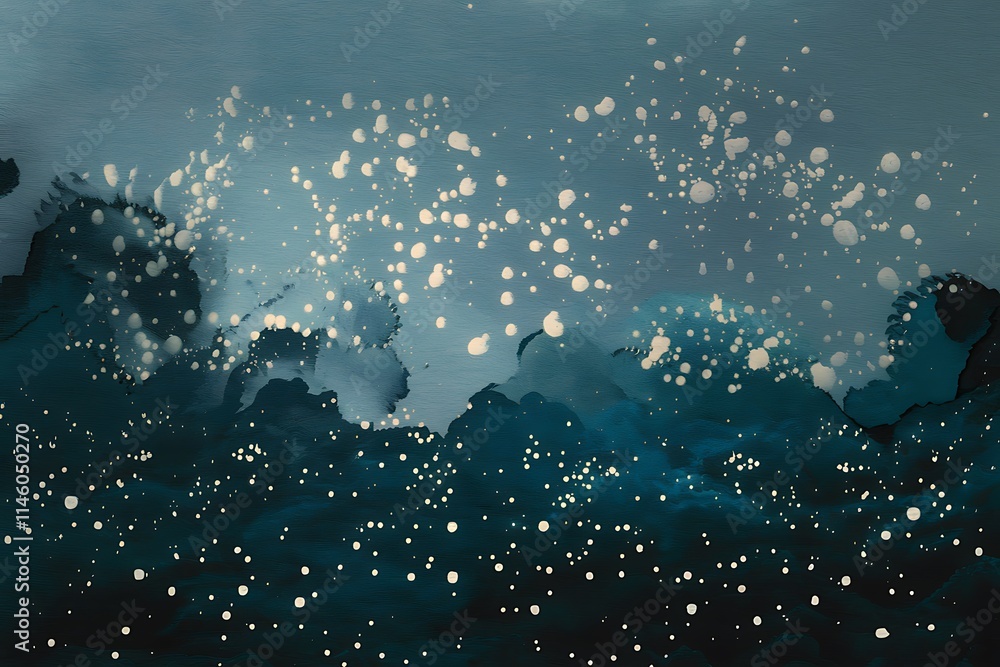 Poster midnight blue background with soft, luminous white points shimmering across the surface. the dots va