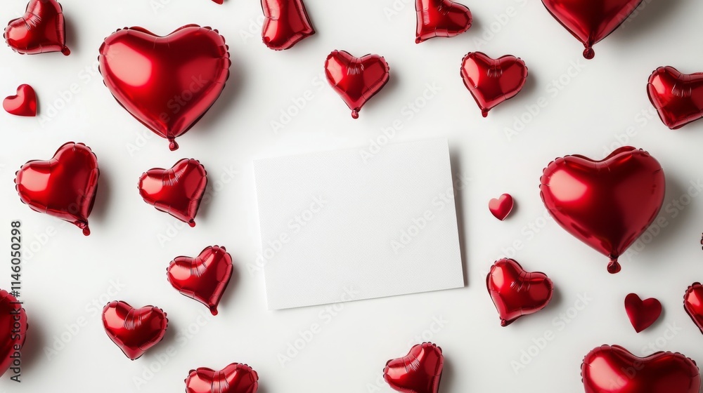 Poster bright red heart-shaped balloons are scattered around a blank card on a white surface, creating a pl