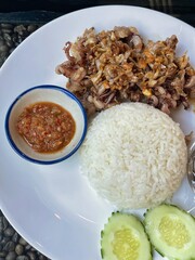 Rice topped with stir-fried pork and basil, Rice topped with stir fried minced pork and basil with Fried egg
