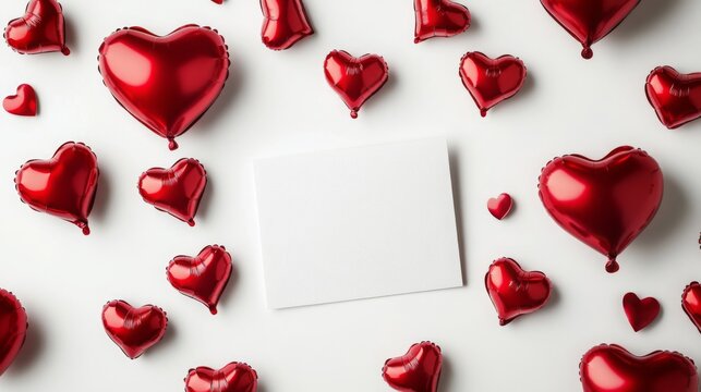 Bright red heart-shaped balloons are scattered around a blank card on a white surface, creating a playful atmosphere perfect for love notes or celebratory messages, ideal for any romantic occasion.