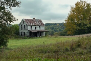 Fototapeta premium A rural landscape with an old house standing alone in a green field