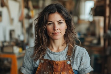 A woman with brown wavy hair, wearing a grey shirt and a brown leather apron, stands in a workshop.