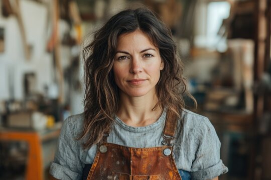 A woman with brown wavy hair, wearing a grey shirt and a brown leather apron, stands in a workshop.