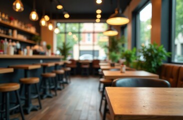 hospitality and lifestyle concept, banner with copy space. inviting cozy modern cafe interior with blurred wooden tables, lush plants and warm lighting.