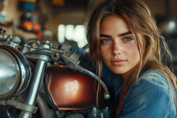 Plakat A young woman with freckles leans against a vintage motorcycle in a garage.