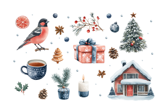 Set of watercolor winter illustrations on transparent background, bird, skates, Christmas tree branch, gifts, candles and decorations, house in red and blue colors. Clipart png for Christmas and New Y