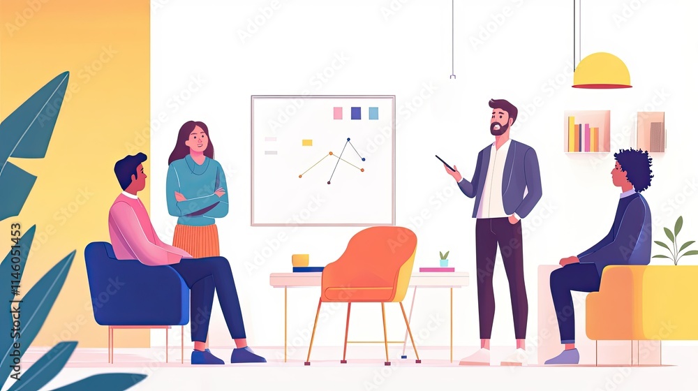 Poster diverse group of people engaged in business meeting with charts and graphs in modern office setting 