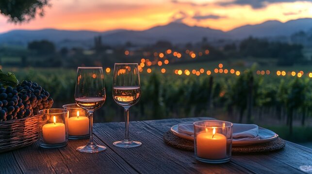 Romantic candlelit dinner for two on a terrace overlooking vineyards at sunset