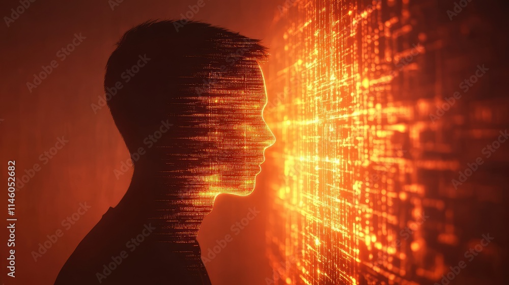 Poster human silhouette merging with digital data representation creating a futuristic concept of technolog