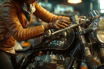 Woman in brown leather jacket meticulously examines and maintains her classic motorbike.