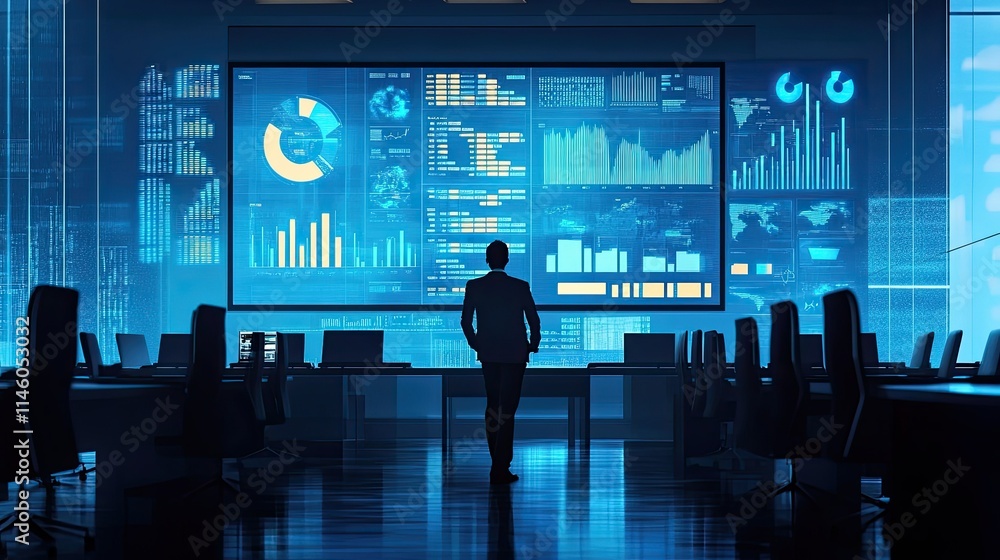 Poster business professional analyzing data visualization on large screen in modern office setting with fut