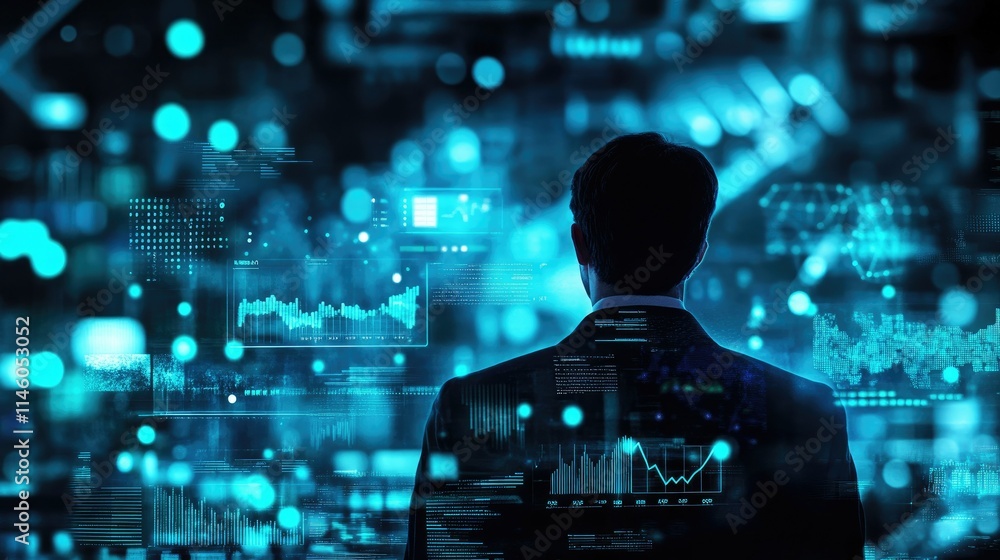 Poster business professional analyzing data visualizations with futuristic technology in financial environm