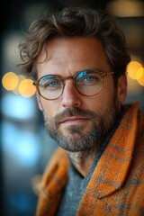A person wearing a beard and glasses looks directly at the camera