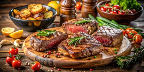 Artisan BBQ: juicy steak's miniature world, tilt-shift perfection on wood.