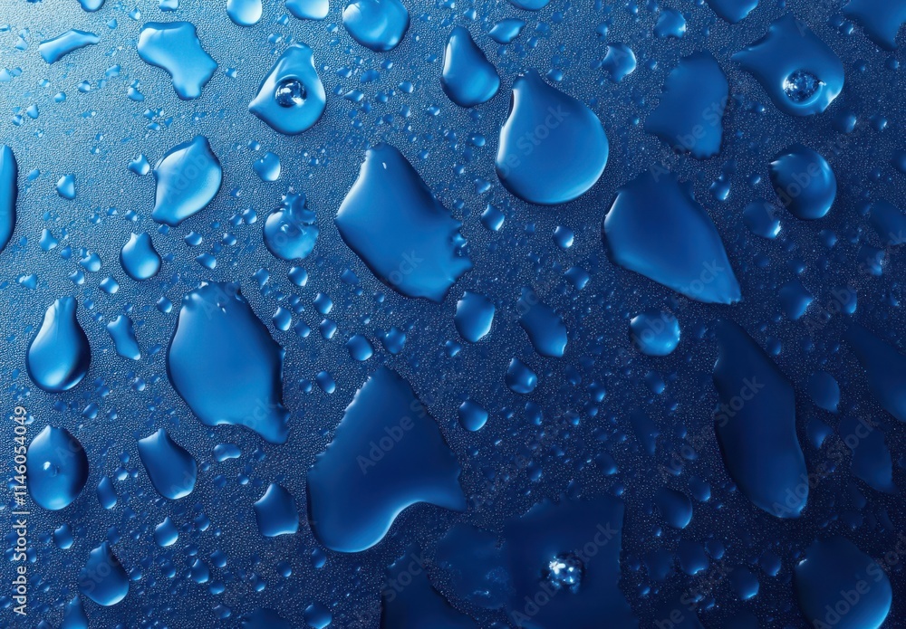 Poster close-up of water droplets on a smooth blue surface creating a fresh and invigorating background for