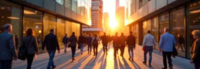 Obraz premium vibrant city life captured in motion of crowd walking through urban area at golden hour, blurred background banner. modern cityscape in background. urban lifestyle, busy people.