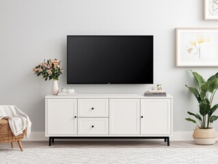 A modern living room setup featuring a sleek white TV stand, a flat-screen television, decorative plants, and framed art against a neutral wall.