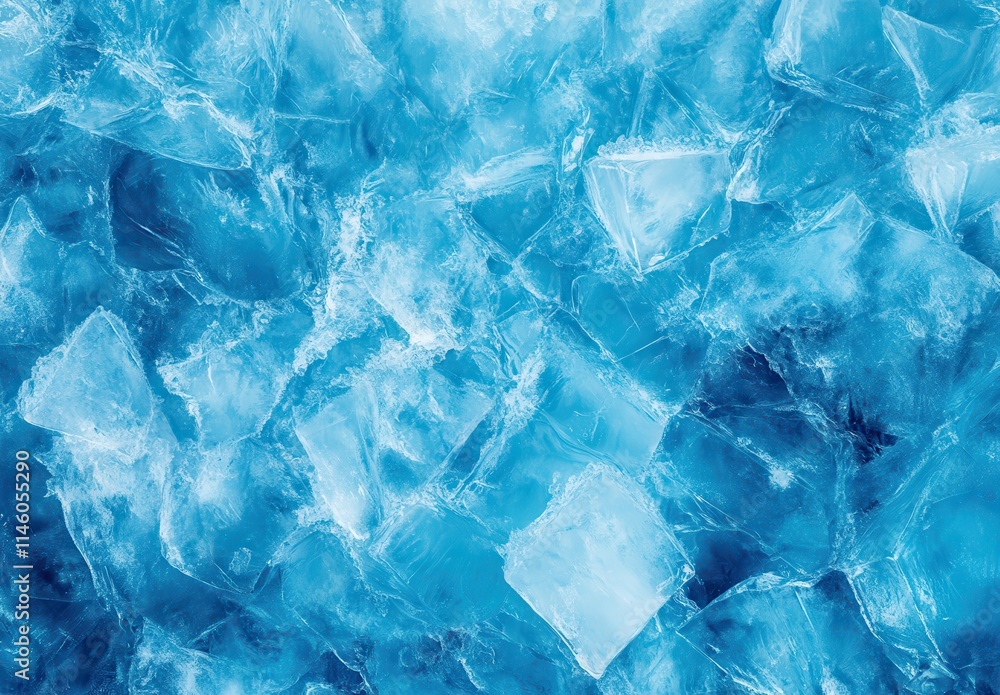 Poster close-up view of clear ice cubes with intricate water patterns and blue tones, perfect for refreshin
