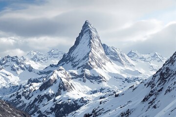 Obraz premium Majestic snow-covered mountain peaks in a stunning landscape.