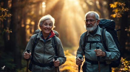 Fototapeta premium elderly couple hiking in a forest