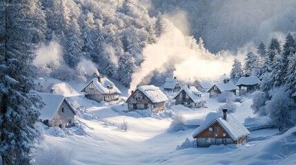 Fototapeta premium A Snow-Covered Village with Smoke Rising from Chimneys