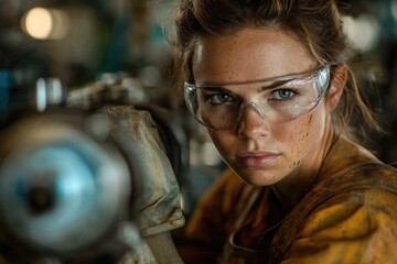Obraz premium A young female mechanic intensely gazes at the camera, her face smudged with grease, showcasing determination and expertise.