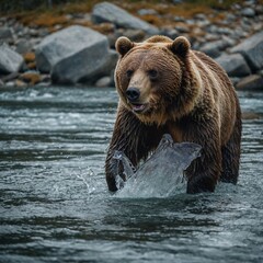 Obraz premium A grizzly bear catching a fish in a crystal-clear river.