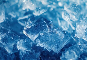 Close-Up View of Ice Crystals with Vibrant Blue Background, Capturing the Intricate Details and Natural Beauty of Frozen Water in a Unique Perspective