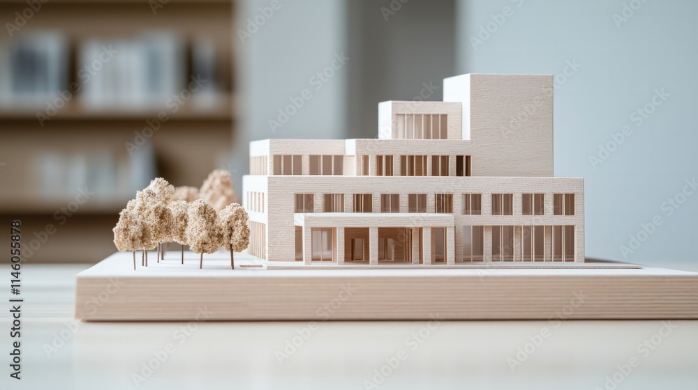 Poster a detailed architectural model showcasing a modern building design with surrounding trees, positione