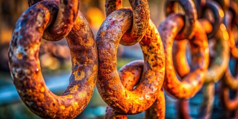 Candid shot: rusty metal chain's aged texture, industrial aesthetic, close-up detail.