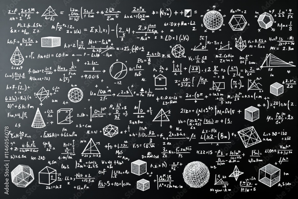 Poster mathematical formulas and geometric shapes on blackboard.