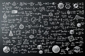 Mathematical Formulas and Geometric Shapes on Blackboard.