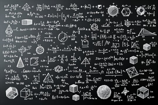Mathematical Formulas and Geometric Shapes on Blackboard.